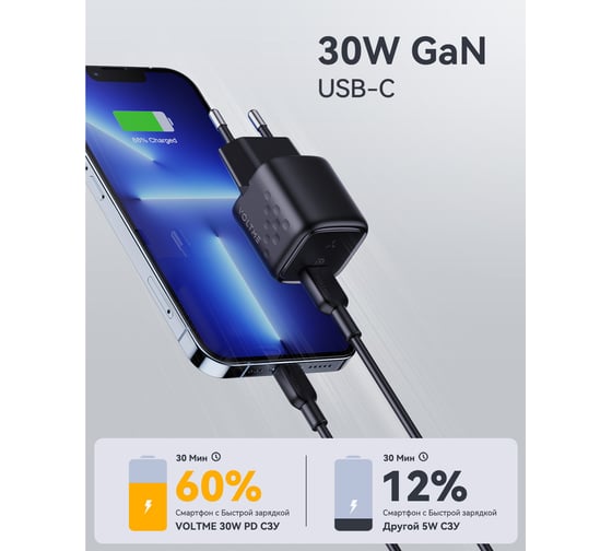 СЗУ VOLTME Revo 30C Mini USB-C, GaN, 30W, PD3.0, QC4.0+, черный V2008
