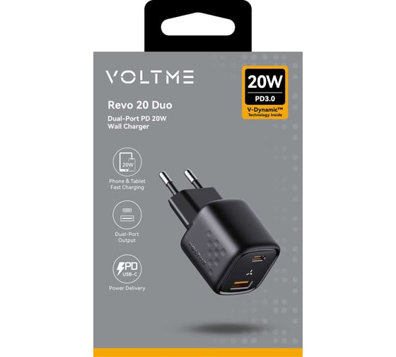 СЗУ VOLTME Revo 20CA Duo USB-C+USB-A, 20W, PD3.0, QC3.0, черный V2326