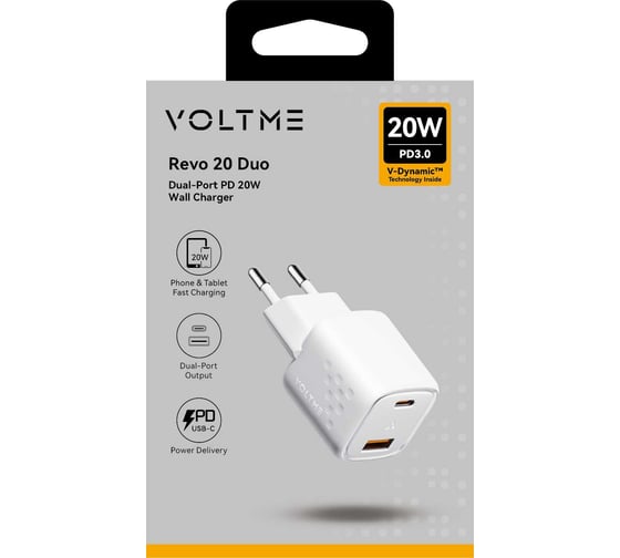 СЗУ VOLTME Revo 20CA Duo USB-C+USB-A, 20W, PD3.0, QC3.0, белый V2327