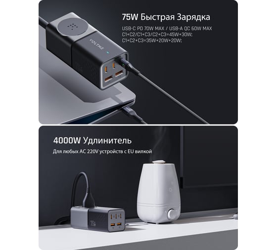 СЗУ VOLTME VITO 75 EzTravel Charger 6 in 1, GaN, 75W, PD3.0, QC4+, AC, черный F4010