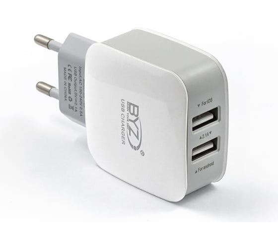 Сетевое зарядное устройство BYZ 2хUSB-А, 2.1А + кабель AM-microBM 1 м, белый, 23750-ZL-720MW