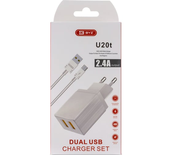 Сетевое зарядное устройство BYZ 2хUSB-А, 2.4А + кабель AM-Type-C 1 м, белый, 23750-U20EUTW