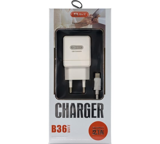 Сетевое зарядное устройство BYZ 2хUSB-А, 2.1А + кабель AM-8pin 1 м, белый, 23750-B36IW