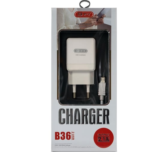 Сетевое зарядное устройство BYZ 2хUSB-А, 2.1А + кабель AM-microBM 1 м, белый, 23750-B36MW