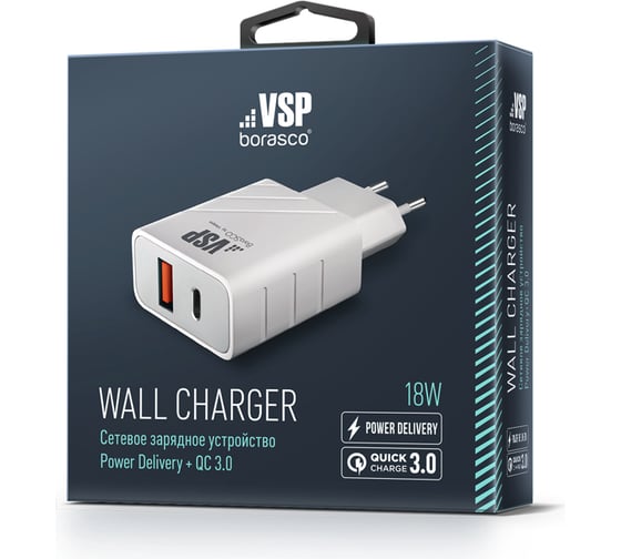 Сетевое зарядное устройство BoraSCO Power Delivery + QC 3.0, 18W, белое 38254