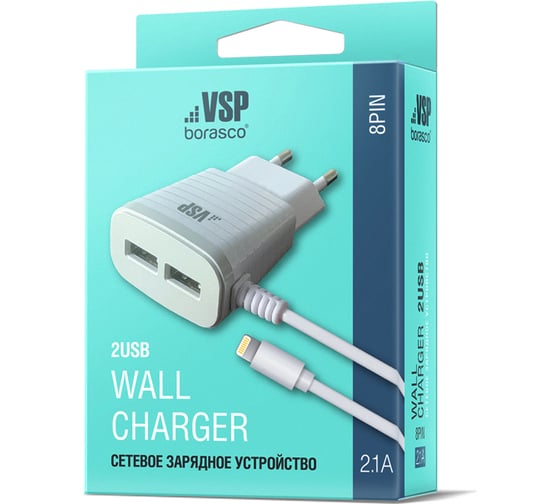 Сетевое зарядное устройство BoraSCO 2USB, 2,1A, 8pin B, белое 38687