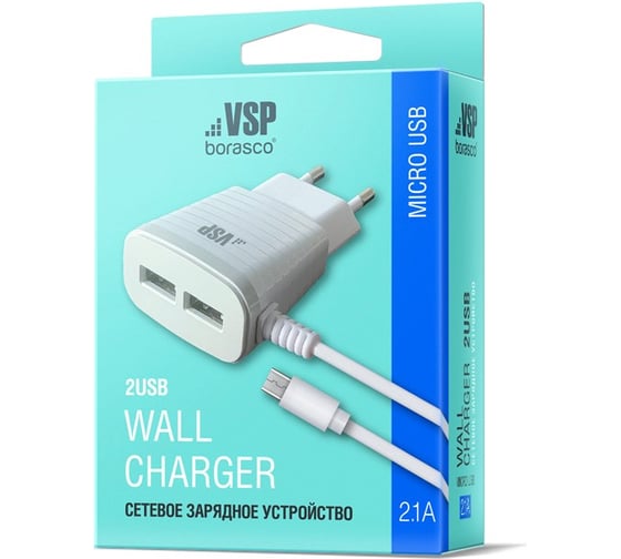 Сетевое зарядное устройство BoraSCO 2USB, 2,1A, micro USB, белое 38685