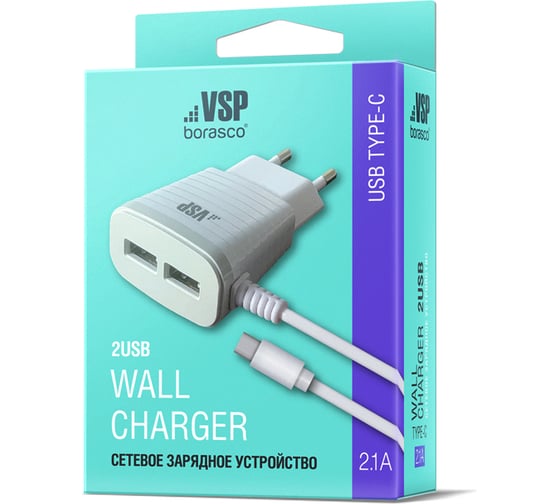 Сетевое зарядное устройство BoraSCO 2USB, 2,1A, Type-C, белое 38686