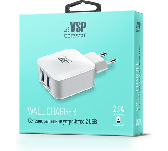 Сетевое зарядное устройство BoraSCO 2USB, 2,1A, белое 20647
