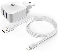 Сетевое зарядное устройство BoraSCO 2USB, 2,1A + Дата-кабель 8pin, 2А, 1м, белое 20650