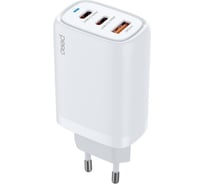 СЗУ PERO TC23 GAN, USB-A QC 3.0 + USB-C PD + USB-C PD, 65W белый ТС23W