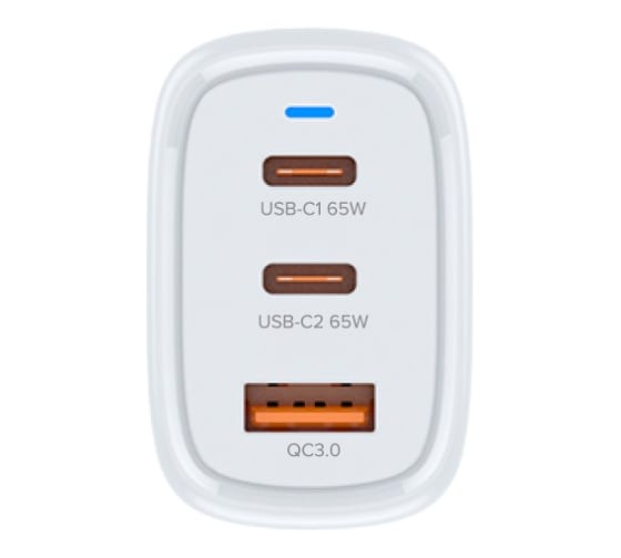 СЗУ PERO TC23 GAN, USB-A QC 3.0 + USB-C PD + USB-C PD, 65W белый ТС23W
