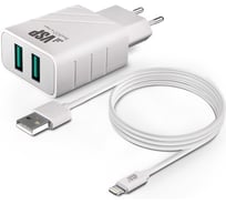 Сетевое зарядное устройство BoraSCO 2USB, 2,4A + Дата-кабель 8pin, 2А, 1м, белое 37265