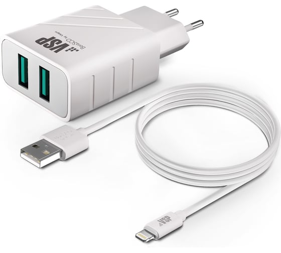 Сетевое зарядное устройство BoraSCO 2USB, 2,4A + Дата-кабель 8pin, 2А, 1м, белое 37265
