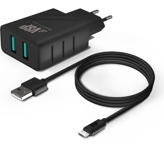 Сетевое зарядное устройство BoraSCO 2USB, 2,4A + Дата-кабель micro USB, 2А, 1м, черное 37263