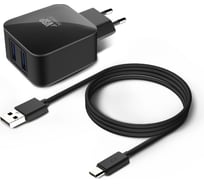 Сетевое зарядное устройство BoraSCO 2USB, 2,1A + Дата-кабель micro USB, 2А, 1м, черное 20649