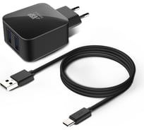 Сетевое зарядное устройство BoraSCO 2USB, 2,1A + Дата-кабель Type-C, 2А, 1м, черное 20652