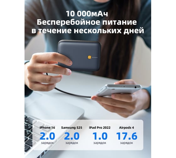 Внешний АКБ VOLTME Hypercore HP10P 10000 mAh USB-С+USB-A 30W, PD3.0, QC4+, Темно Серый Металлик, B3025