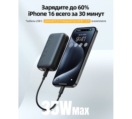 Внешний АКБ Hypercore HP10U 10000 mAh 2хUSB-С+USB-A 35W, PD3.0, QC4+, Темно Серый Металлик, VOLTME B3026