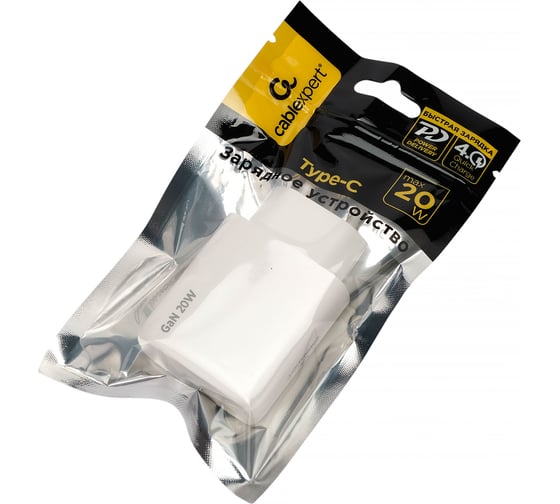 Зарядное устройство Cablexpert 20Вт GaN, 3А, QC4.0/PD, 1xType-C, белый, пакет, MP3A-PC-59