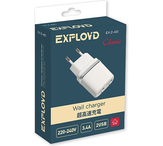 Сетевое зарядное устройство Exployd 2 USB 3.4A белый EX-Z-451