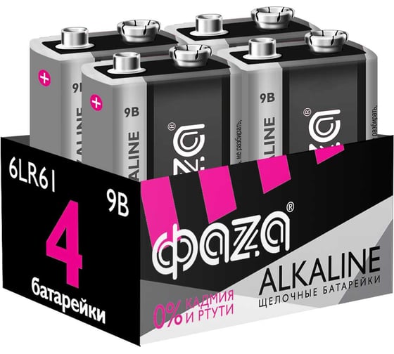 Элемент питания ФАZА алкалиновый 6LR61 Крона 9V Alkaline Pack-4 (пленка 4шт) 5030602