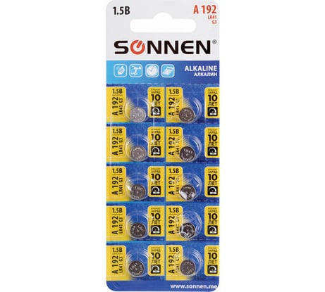 Батарейки алкалиновые SONNEN таблетка, комплект 10 шт., Alkaline, 192A(G3,LR41), блистер, 457134