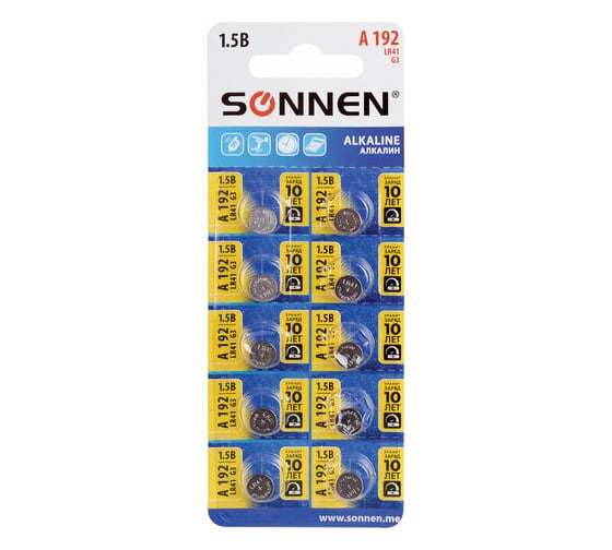 Батарейки алкалиновые SONNEN таблетка, комплект 10 шт., Alkaline, 192A(G3,LR41), блистер, 457134