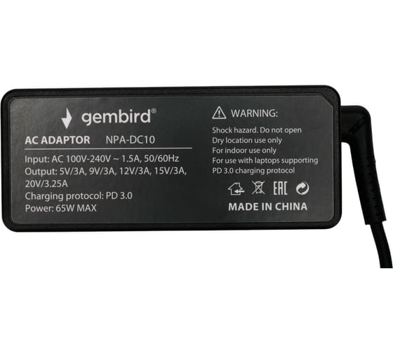 Блок питания для ноутбуков Gembird PD3.0, 65Вт, штекер Type-C, NPA-DC10