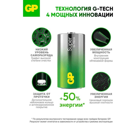 Батарейка GP алкалиновая щелочная Super Alkaline 14C типоразмера C - 2 шт. в пленке. 14AA21RA-2CRS2 38360160