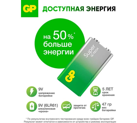 Батарейка GP крона 9V / 6LR61 алкалиновая щелочная Super Alkaline, 1 шт.в пленке 1604AA21RA-5CRS1 38360166