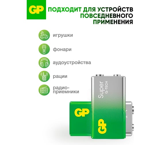 Батарейка GP крона 9V / 6LR61 алкалиновая щелочная Super Alkaline, 1 шт.в пленке 1604AA21RA-5CRS1 38360166