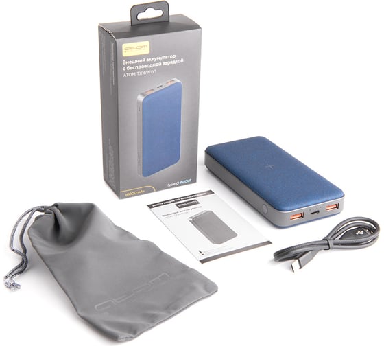 Внешний аккумулятор Atom Evolution ATOM TX16W-V1, 18Вт, 16000мАч, 2хUSB-A, Type-C in/out, QC3.0, PD3.0, 21002