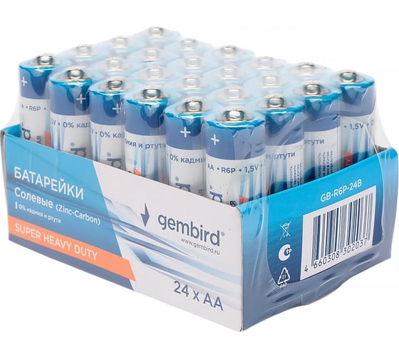 Батарейки Gembird солевые, тип AA, 24шт, коробка, GB-R6P-24B