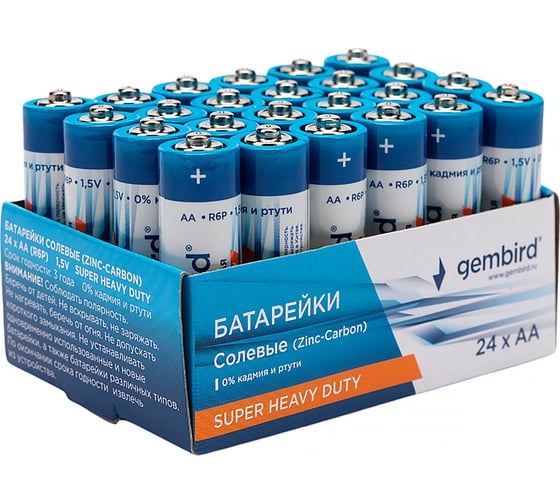 Батарейки Gembird солевые, тип AA, 24шт, коробка, GB-R6P-24B