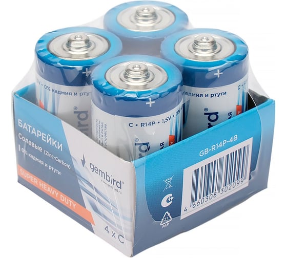 Батарейки Gembird солевые, тип С(R14P), 4шт, коробка, GB-R14P-4B