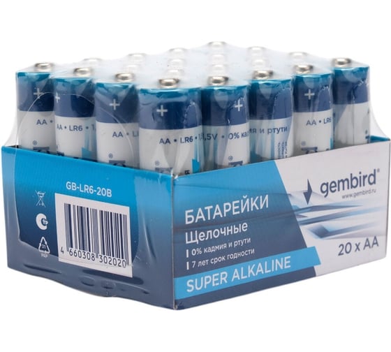 Батарейки Gembird щелочные/алкалиновые, тип AA, 20шт, коробка, GB-LR6-20B