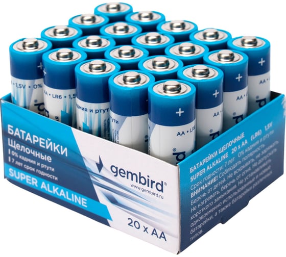 Батарейки Gembird щелочные/алкалиновые, тип AA, 20шт, коробка, GB-LR6-20B