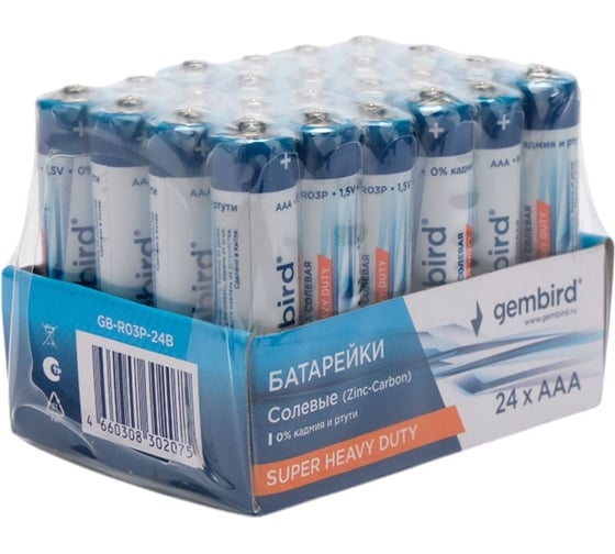 Батарейки Gembird солевые, тип AAA, 24шт, коробка, GB-R03P-24B