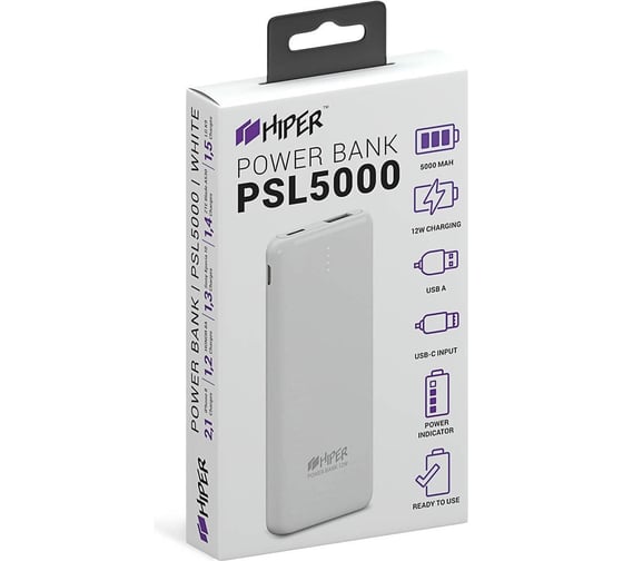 Внешний аккумулятор HIPER PSL5000 Li-Pol 5000 mAh 2.4A 1xUSB 1xType-C белый PSL5000 WHITE