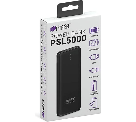 Внешний аккумулятор HIPER PSL5000 Li-Pol 5000 mAh 2.4A 1xUSB 1xType-C черный PSL5000 BLACK