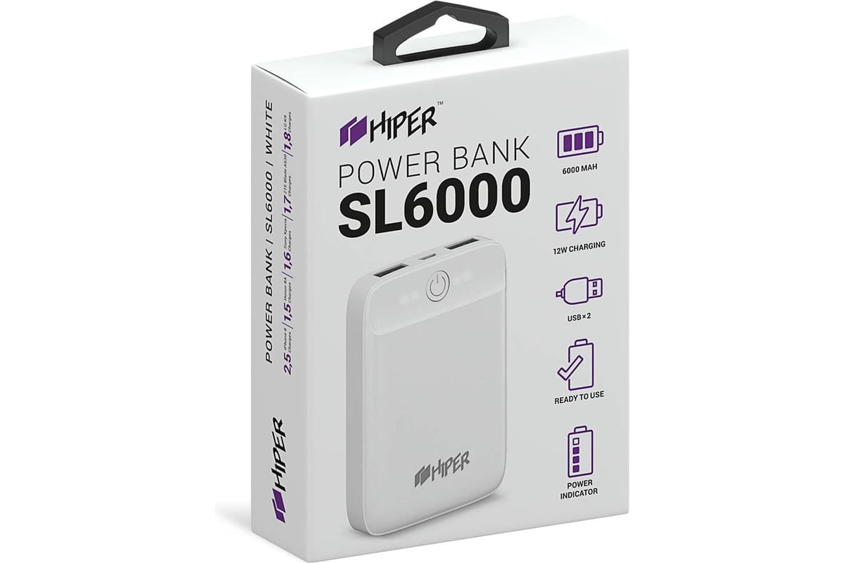 Внешний аккумулятор HIPER SL6000 Li-Pol 6000 mAh 2.1A+2.1A 2xUSB белый  SL6000 WHITE