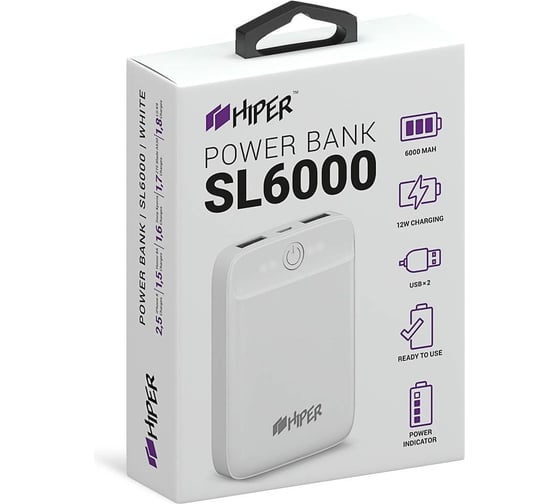 Внешний аккумулятор HIPER SL6000 Li-Pol 6000 mAh 2.1A+2.1A 2xUSB белый SL6000 WHITE