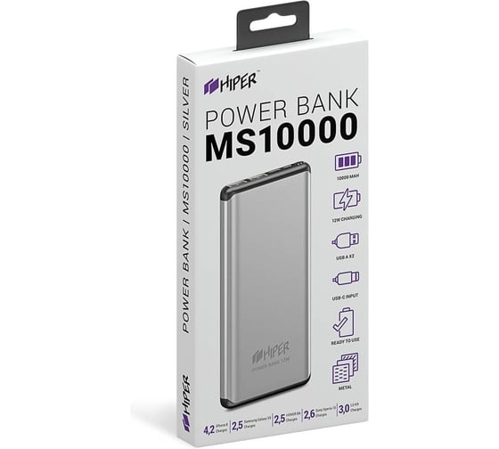 Внешний аккумулятор HIPER Li-Pol 10000 mAh Aluminum 2xUSB 1xType-C серебристый MS10000 SILVER