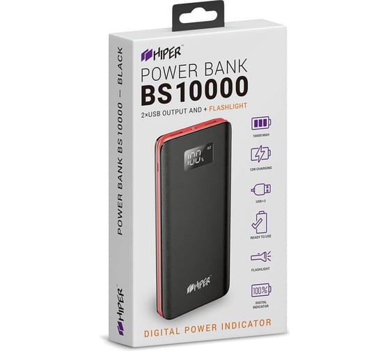 Внешний аккумулятор HIPER BS10000 Li-Pol 10000mAh 2.1A+1A, 2xUSB, черный BS10000 BLACK
