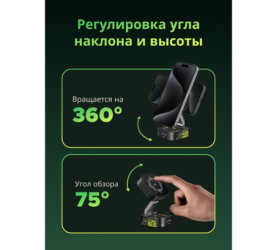 Беспроводное зарядное устройство UGREEN MagFlow версия Genshin Impact 2-in-1 Qi2 15W- Black 35316GI