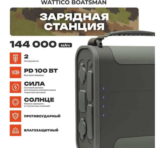 Внешний аккумулятор WATTICO с авторозеткой 12В и 24В походный для туризма 144000mah, фонарь, защита от брызг, lifepo4 BOATSMAN