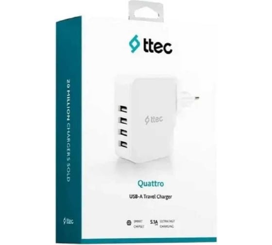 Сетевое зарядное устройство TTEC Quattro Worldwide Travel Charger 5.1A / 25W 4 USB Port, белый 2SC02B