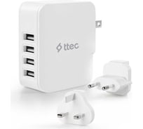 Сетевое зарядное устройство TTEC Quattro Worldwide Travel Charger 5.1A / 25W 4 USB-A Port с переходниками EU/GB/USA, белый 2SC02BUK