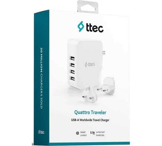 Сетевое зарядное устройство TTEC Quattro Worldwide Travel Charger 5.1A / 25W 4 USB-A Port с переходниками EU/GB/USA, белый 2SC02BUK